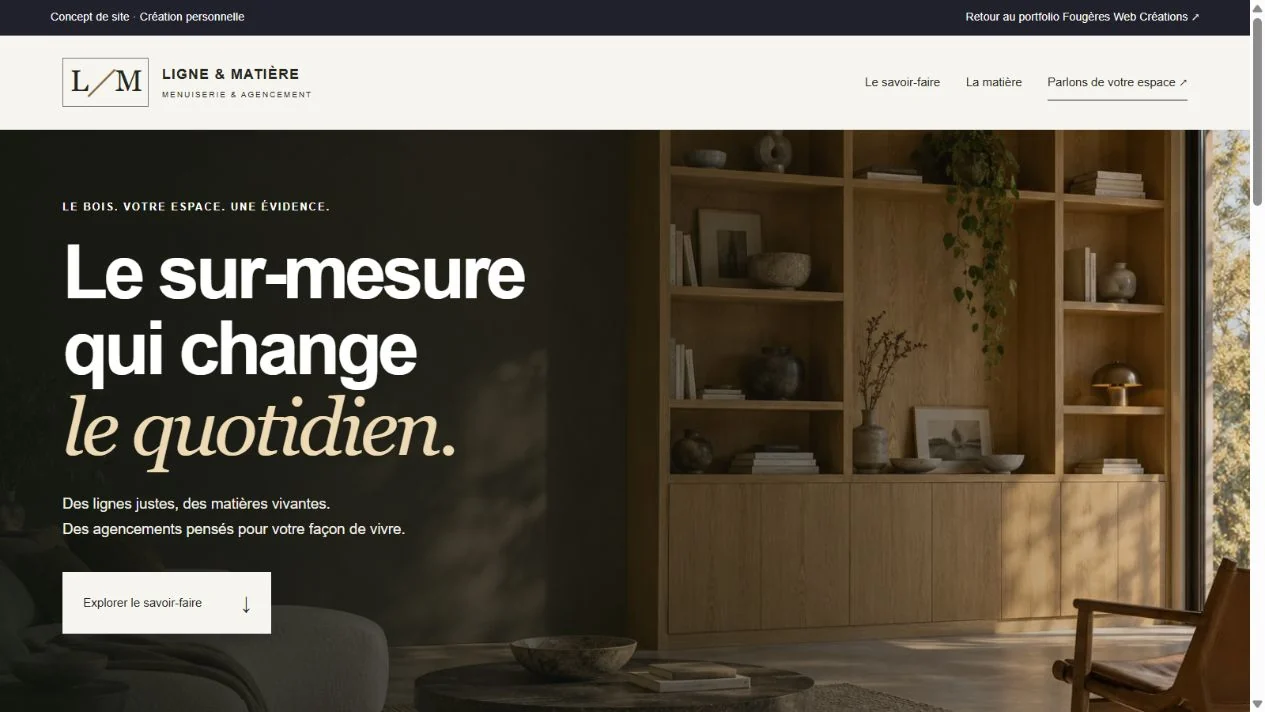 Aperçu du concept de site de menuiserie Ligne et Matière
